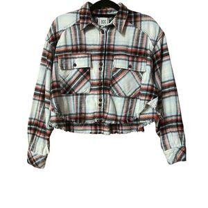 BDG Shirt Cropped Oversized Flannel Raw Hem Colorful Plaid Boho Festival Medium